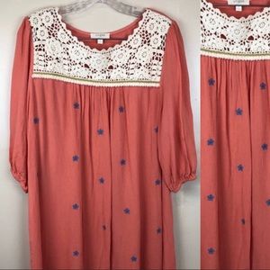 Umgee Floral Embroidered Coral Mini Fall Dress Sm